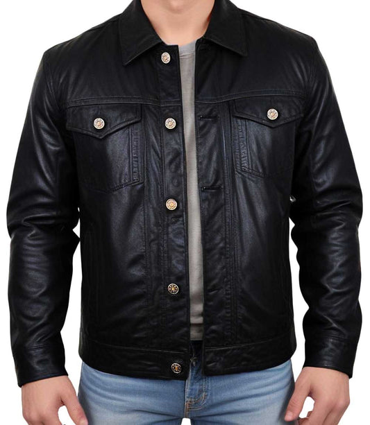 Mens Black Lambskin Trucker Leather Jacket