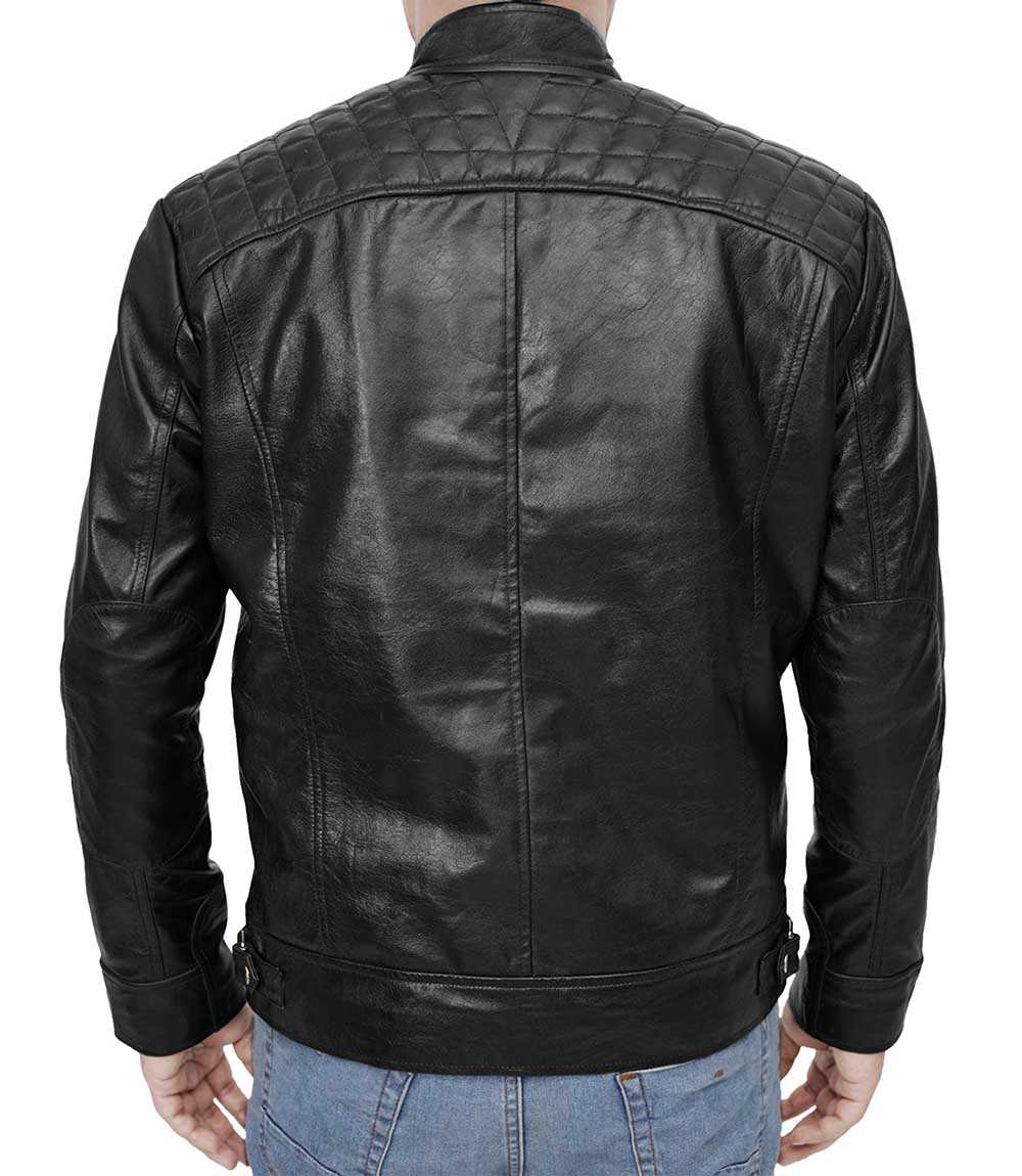Mens Black Biker Cropped Leather Moto Jacket