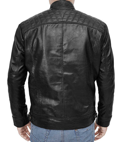 Mens Black Biker Cropped Leather Moto Jacket