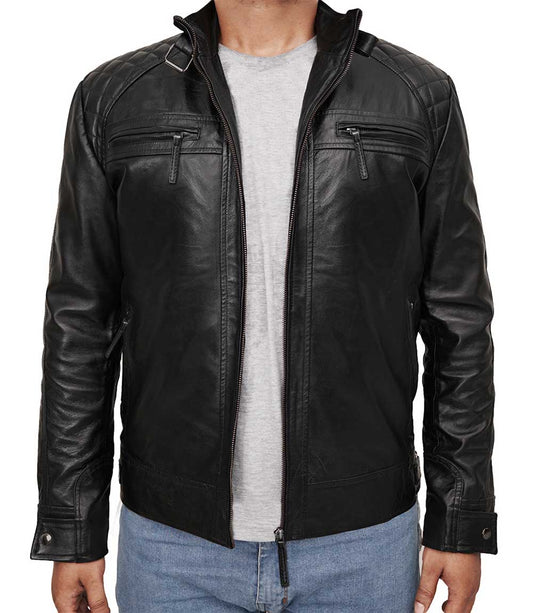 Mens Black Biker Cropped Leather Moto Jacket